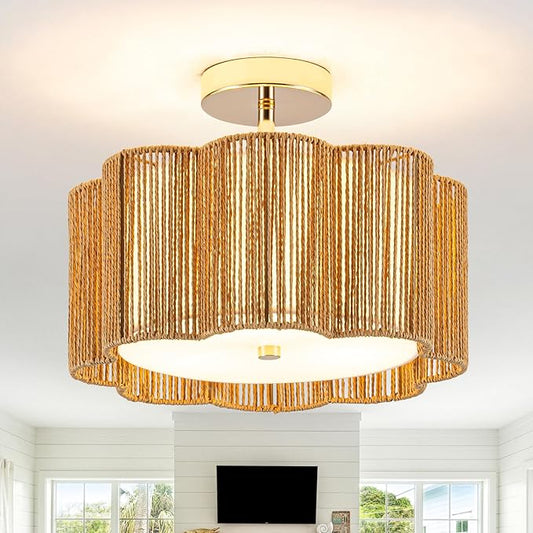 Golden Blossom Boho 3-Light - 14" Handwoven Rattan Flush Mount for Bedroom | Nursery, Eco-Friendly Gold Woven Ceiling Light, Small Gold Lighting, Boho Rattan Light