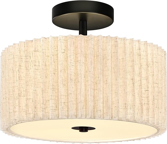 2 Light Semi Flush Mount Ceiling Light Fixture 12.6 Inch Modern Black Drum Ceiling Light Fixture with Pleated Fabric Shade Dimmable Close to Ceiling Light for Living Room Hallway Bedroom Entryway