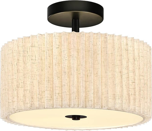 2 Light Semi Flush Mount Ceiling Light Fixture 12.6 Inch Modern Black Drum Ceiling Light Fixture with Pleated Fabric Shade Dimmable Close to Ceiling Light for Living Room Hallway Bedroom Entryway