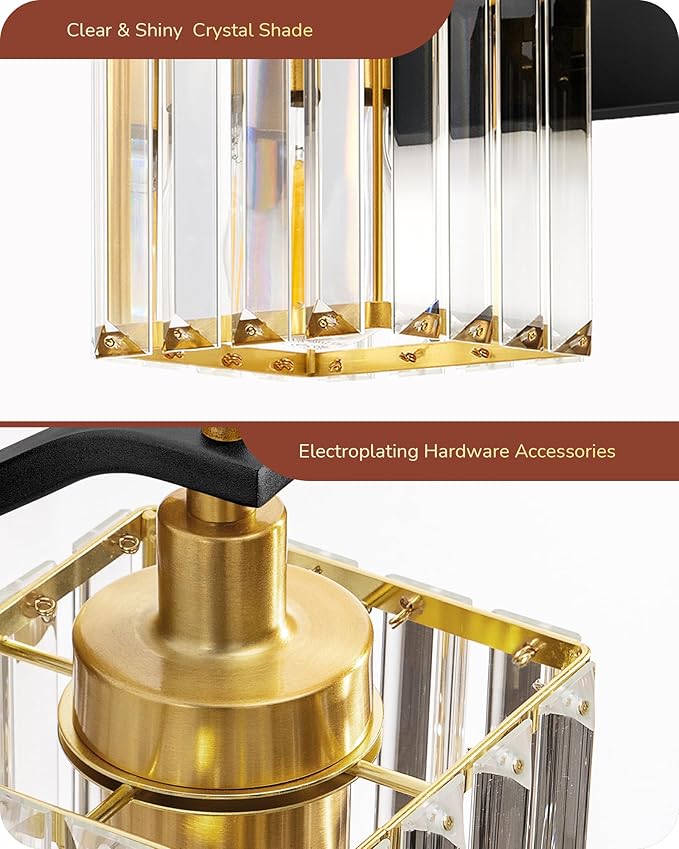 EDISHINE Bathroom Light Fixtures, 20.47'' Crystal Bathroom Vanity Lighting Fixtures Over Mirror, 3 Light Vanity Lights for Bath, Powder Room, Black and Gold, E26 Base
