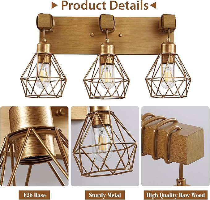 Farmhouse Bathroom Light Fixtures, 3-Light Gold Bathroom Vanity Light, Rustic Matte Antique Brass Finish with Metal Lampshade, Wall Sconces for Bedroom, Living Room, Hallway