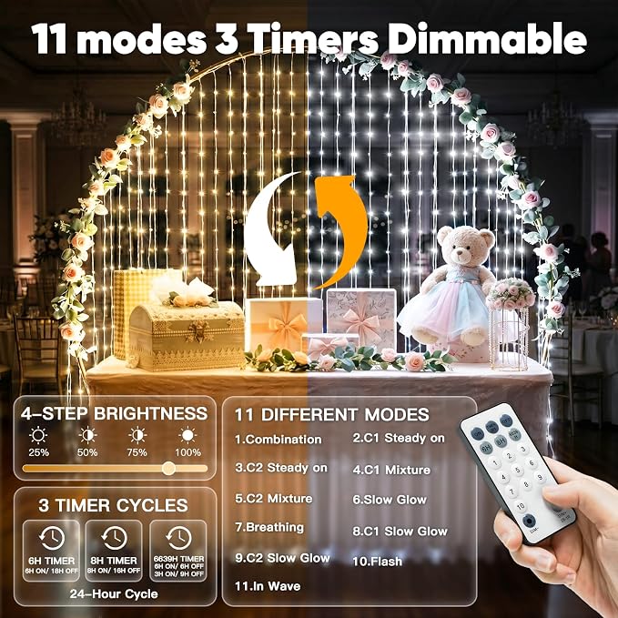 suddus Curtain Lights Untangled,450 LED Hanging Lights with Hooks, Waterproof Window Lights for Christmas, Dorm, Wall, Backdrop, Window, Wedding, Party, Birthday Decor,Color Changing