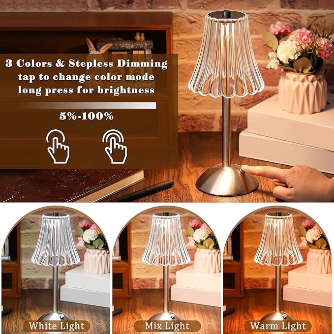 Liliful 1 Pcs Cordless Table Lamp Rechargeable Touch LED Small Gold Portable Battery Operated USB-c Desk Lamp 3 Color Dimmable for Bedroom Living Room Dining (Silver,Rose Style)