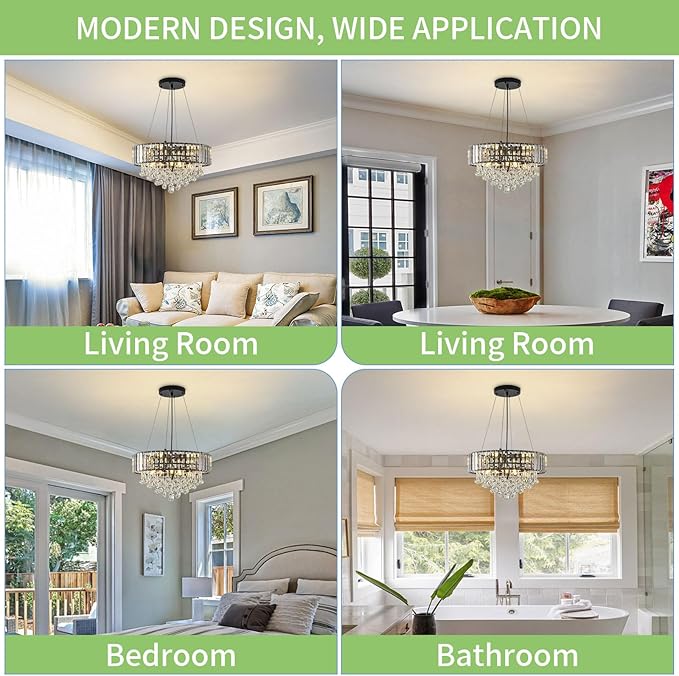 HOPGGIE 17 Inch Crystal Chandeliers Flush Mount Chandelier G9 Base Round Modern Ceiling Light Fixture Pendant Lighting for Living Room Dining Room Laundry Room Kitchen Bedroom (Black)