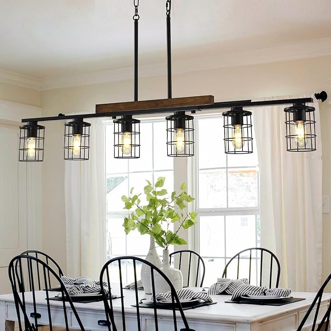 47.2" Farmhouse Kitchen Light Fixture, Black Hanging Kitchen Chandelier, 6-Light Rustic Dining Room Light Adjustable Height with Wood and Metal Frame, Suit for Farmhouse, Industrial Style