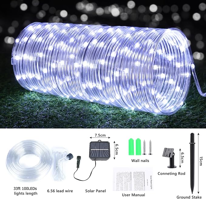 Solar Rope Lights, 2 Pack Total 66ft 200LED Solar String Lights, 8 Modes Waterproof Solar Outdoor Light, Flexible Clear Trampoline Light for Garden Yard Patio Deck Porch Pool Tree Decor - White
