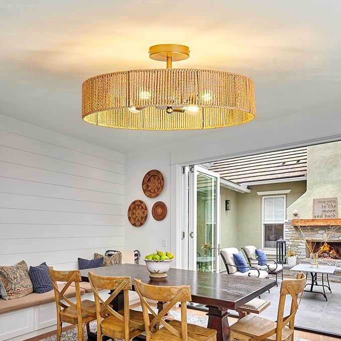 hesoge Boho Rattan Ceiling Light Fixture Vintage Gold Semi Flush Mount Ceiling Light 20 Inches Round 4 Light Chandelier for Farmhouse Hallway Bedroon Living Room Dining Room Kitchen Island