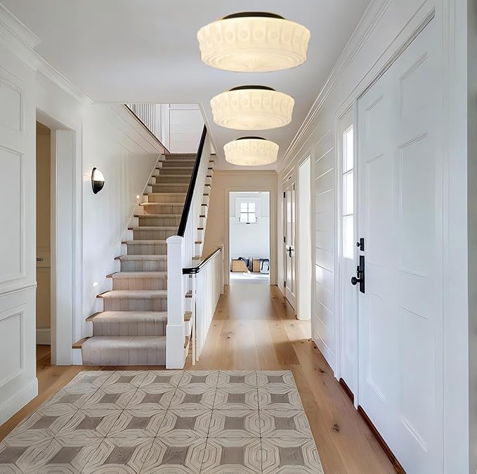 LIGHTLAND Milk Glass Ceiling Light, 13.8 Inch Mid Century Semi Flush Mount Ceiling Light Fixture, Vintage Chandelier for Bedroom, Living Room, Dining Room, Hallway (Style B, White)