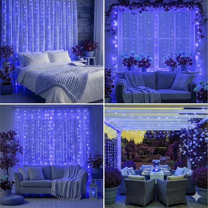 Curtain Light for Bedroom, 200LED 6.6x6.6ft Blue Window Wall Hanging Fairy Curtain String Light, 8 Modes Remote Fairy String Lights Indoor for Wedding Party Home Garden Decorations