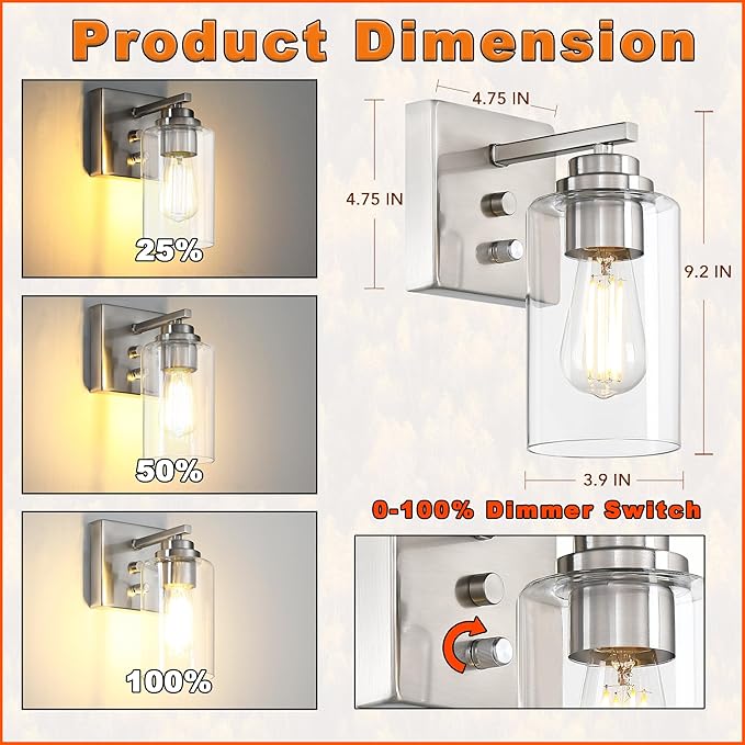 Loyareal Wall Sconces Set of Two, Brushed Nickel Wall Sconce with Rotary Switch, Sconces Wall Lighting, Bedside Wall Lamps, Light Fixtures for Bathroom Bedroom Living Room Hallway Kitchen