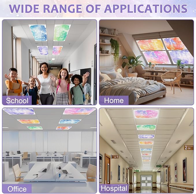 QOUBAI 8 Pcs Fluorescent Light Covers, 4x2 Feet Magnetic Light Cover Fluorescent Lights Shade Panel Positive Inspirational Ceiling Lights Filters for Office Classroom Home Drop Ceiling Watercolor
