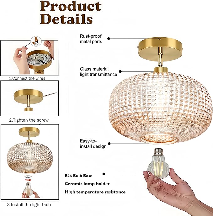 Semi Flush Mount Ceiling Light,Vintage Ceiling Light Fixture,Upgrade Sloped Ceiling Light Fixture with Amber Glass Shade,Art Decor Light Fixture,Kitchen Lighting Fixtures for Bedroom,Porch