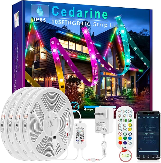 105FT Continuous RGB+IC Outdoor Led Strip Lights Waterproof with RF Remote & Bluetooth Music Sync App Control, Long Color Changing LED Rope Lights,IP67,24V
