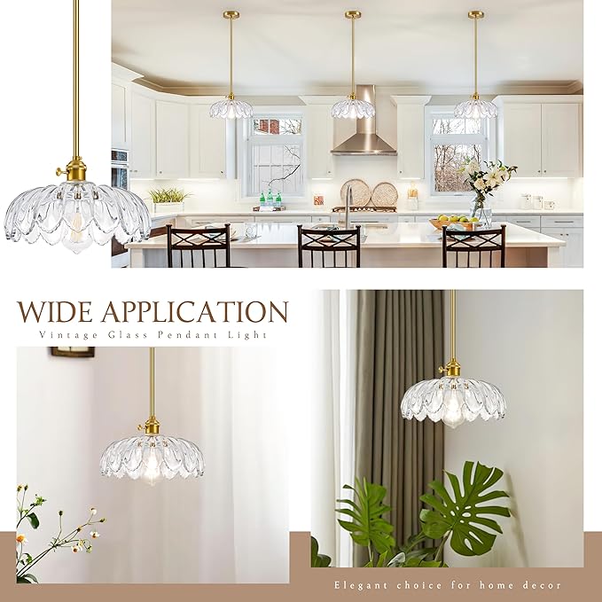 Mid Century Modern Pendant Light 2 Pack Hanging Adjustable Pendant Lights with Brushed Gold Fixture Clear Flower Glass Vintage Chandelier for Kitchen Island Bedroom Dining Room（Bulb Incl.）
