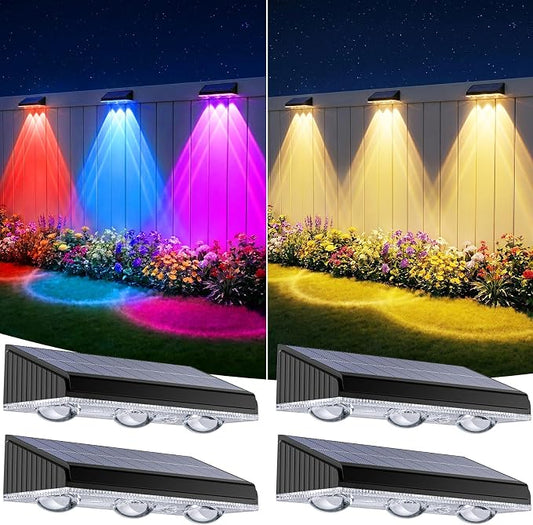 Solar Fence Lights Outdoor 4 Pack, Upgraded Brightness 3X LED Lens Fence Lights Solar Powered, 9 Fixed Colors & RGB Lights, IP65 Waterproof Solar Lights for Outside Backyard/Railing/Step/Patio