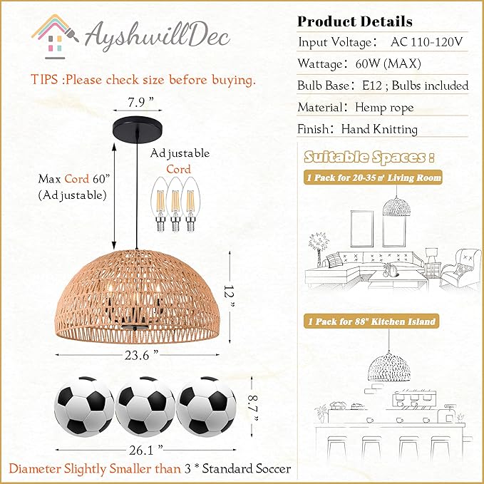 24" Brown Woven Pendant Light Boho Chandelier Dome Rustic Farmhouse Chandelier Wicker Pendant Light Rattan Light Fixture for Dining Room Living Room Bedroom Kitchen Island Foyer(Bulb Incl)