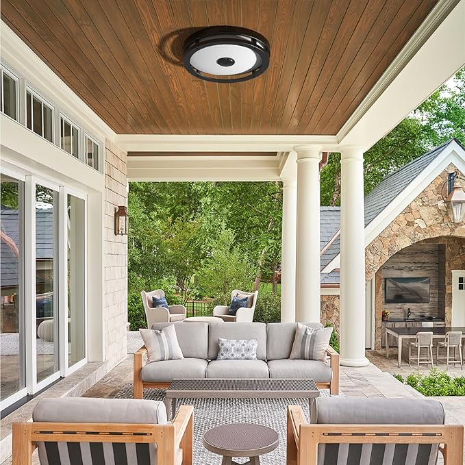 Outdoor Motion Sensor Flush Mount Ceiling Light, LED Outdoor Ceiling Light Fixture 2 Pack, 12" Dusk to Dawn Porch Ceiling Light, Black Modern Exterior Light for Farmhouse Garage Hallway Entry