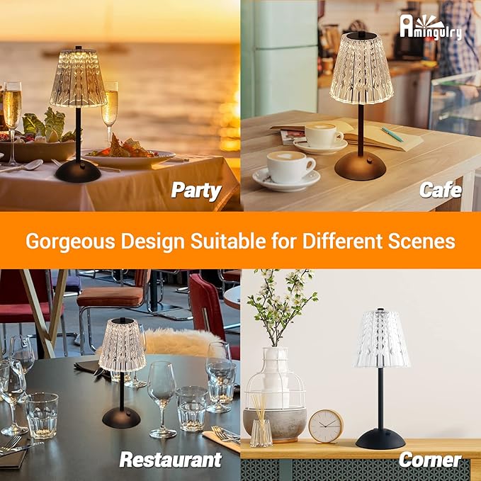 Cordless Table Lamp, 4000mAh Rechargeable Battery Operated Lamp, 3 Color Modes & Stepless Dimmable LED Touch Lamp, Portable Crystal Metal Beside Lamps for Bedroom Restaurant(Black 2 Pack)