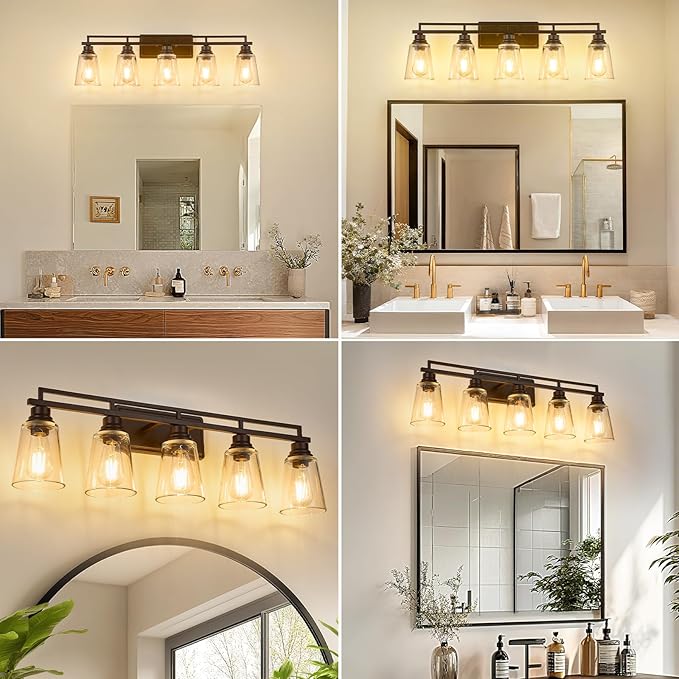 Refice 5-Light Bathroom Vanity Lights, Bathroom Light Fixtures with Clear Glass Shades, Vintage Oil Rubbed Bronze Wall Sconces Over Mirror for Living Room, Farmhouse, Hallway