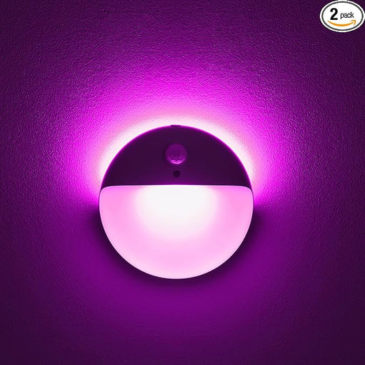 YUNLEX 2 Pack Purple Battery Night Light, Motion Activated Night Light, 2.6" Small Sticky Lights, 3 Light Modes, Dimmable Calming Glow for Meditation, Relaxation, Bathroom, Bedroom, Travel, Violet