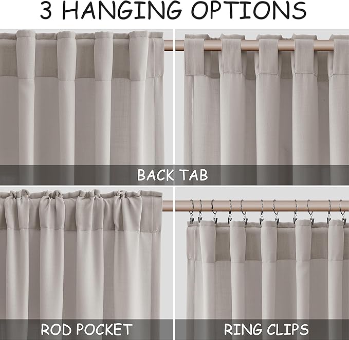 Stone Grey Linen Curtains 108 Inches Long for Living Room Simple Modern Light Filtering Semi Sheer Curtain Back Tab Rod Pocket Neutral Luxury Floor to Ceiling High Window for Bedroom 52x108, 2 Panels