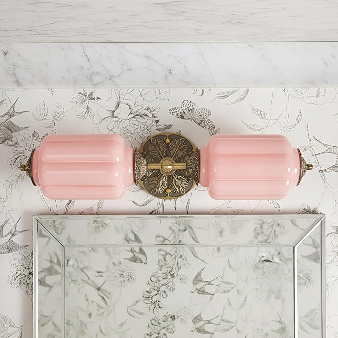 Vintage Vanity Light - 2-Light Wall Sconce with Brass Finish Base & Green Glass Shade - Wall Sconce Lighting for Mirror, Kitchen, Living Room, Gallery (Bulbs Included) (Pink)
