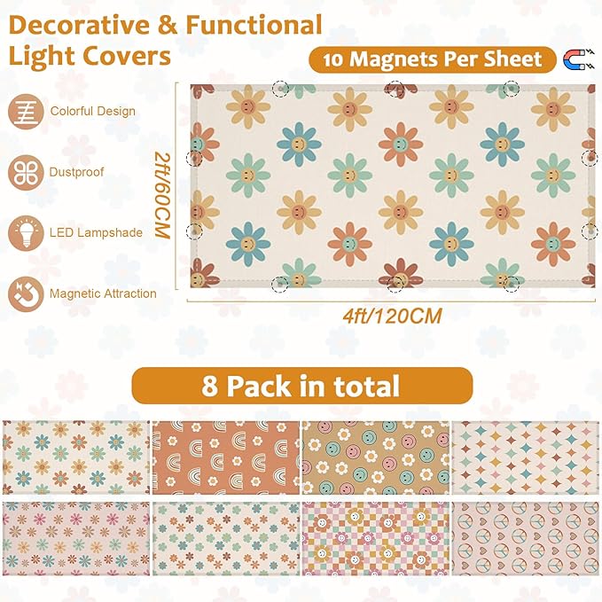 QOUBAI 8 Pcs Fluorescent Light Covers, 4 x 2 Ft Magnetic Light Filters Boho Groovy Fluorescent Lights Shade Easy Install for Classroom Office Library Hospital Home Ceiling Hippie
