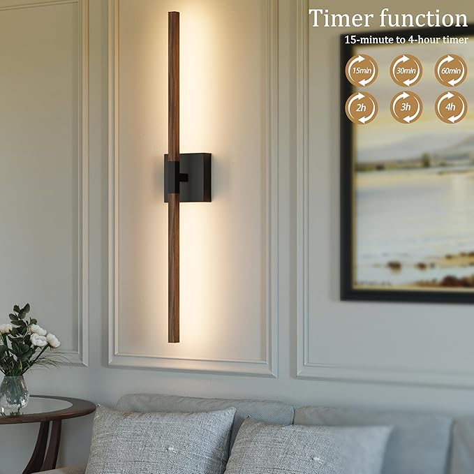Rayogale Rechargeable Battery Operated Wall Sconce Set Two, 8000mAh Cordless, 3000K/4500K/6000K, Dimmable, Touch Control, 360° Rotation for Living Room Black Walnut 24 Inch(2 Pack)