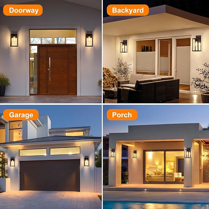 PARTPHONER Dusk to Dawn Porch Light Fixtures, Black Brushed Gold Exterior Lighting Lamp, Sensor Wall Lantern, Waterproof Outdoor Wall Sconce for House Doorway, Garage 2 Pack