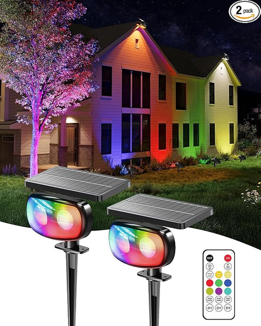 Solar Spot Lights Outdoor Waterproof IP68, RGB Colors Changing Solar Lights with 4 Lighting Modes, Solar Powered Lights Outdoor for Garden Yard Outside Landscape (2Pack)