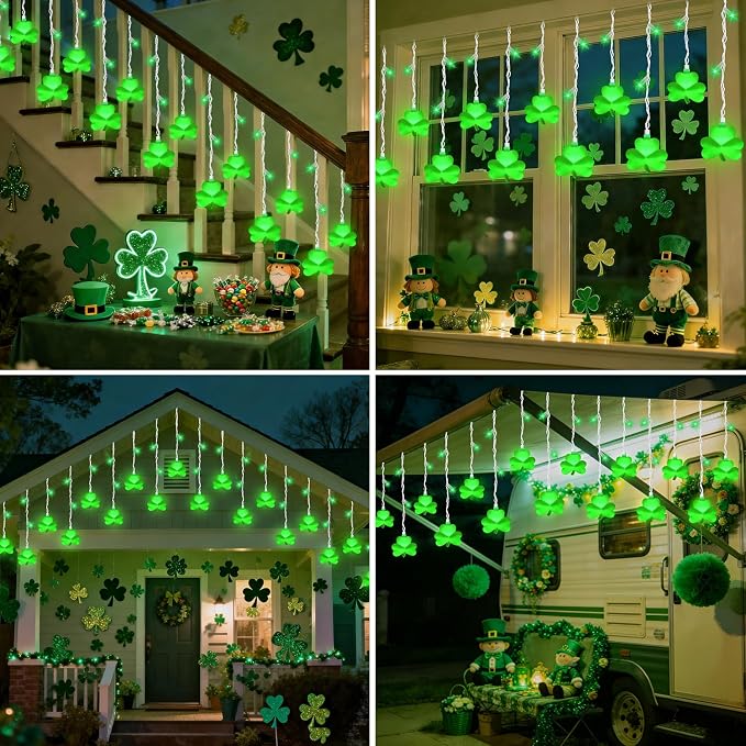 25 LED Green Shamrock Icicle Lights, 6.75FT St. Patricks Day Lights Curtain String Lights with 10 Shamrock & 25 LED Light for Lucky Clover St Patrick's Decorations Indoor Home Window Proch Party Decor