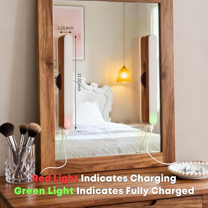 2 Pcs Vanity Makeup Lights for Bathroom, Wireless Wood Grain Rechargeable LED Stick on Light Bar for Mirror, Tunable 3 Color Temperature 4000 mAH Battery Life Lighting for Vanity(Deep Brown)