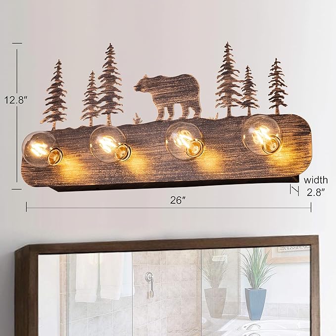 TOCHIC Rustic Bathroom Light Fixtures, 4 Lights Farmhouse Bathroom Vanity Light Over Mirror Dimmable, Western Bear Sconces Wall Lighting for Mirror Cabinets, Powder Room, Living Room, Bronze, 26”L