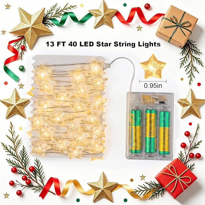 BOHON Star Fairy Lights Battery Operated 40 LED String Lights Warm White | 13 FT Warm White Star Garland Twinkle Lights for Bedroom Indoor Dorm Classroom Curtain Cute Room Wedding Decor, with Timer