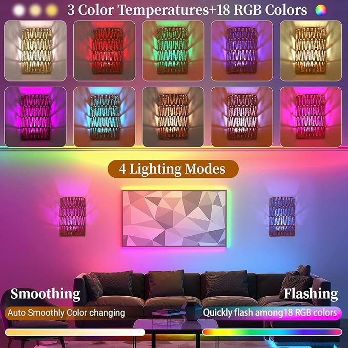 FINCMY Boho Wall Decor Battery Operated Wall Sconce Set of 2, 18 RGB Colors Wall Lights Changeable Dimmable Wireless Wall Sconces for Bedroom Living Room Hallway, Natural Hemp Rope Boho Decor