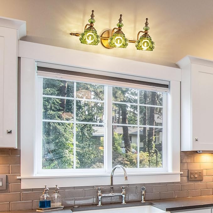 Vintage 3-Light Bathroom Vanity Light Fixtures, Modern Brass Vanity Wall Sconces Over Mirror with Green Glass Shade for Bathroom Bedroom Living Room