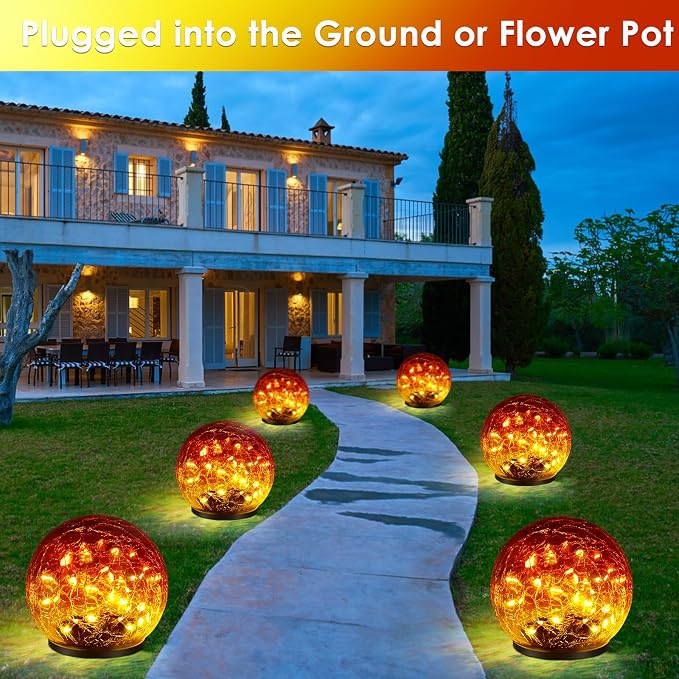 2 Pack Garden Solar Lights Outdoor Decorative, 60 LED Gradient red Cracked Glass Solar Globe Lights, Upgraded Waterproof Ball Lights for Yard Pathway Patio Christmas Outside Decor, 4.73"