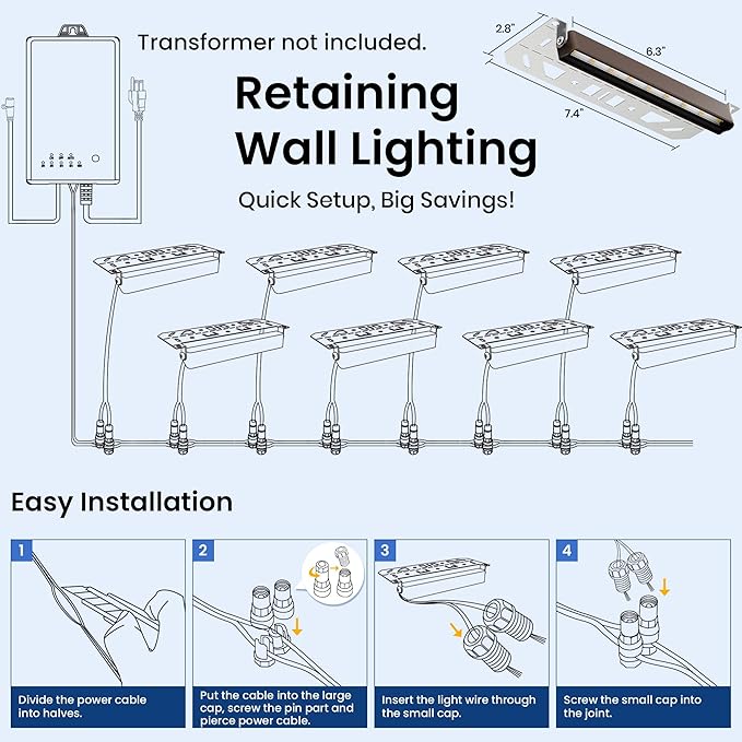 AUDERWIN Retaining Wall Lights, 7 Inch LED Hardscape Lighting Waterproof, 12V Low Voltage Landscape Lighting, Outdoor Step Lights for Patio Stairs Deck 2700K, 270° Rotate, 12 Pack