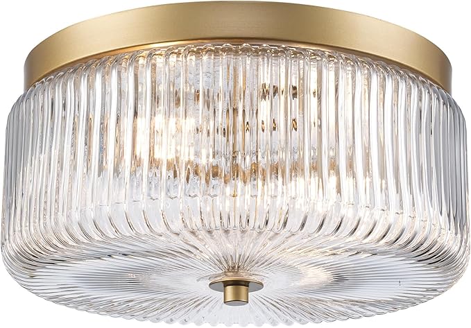 Ashbourne Semi Flush Mount Ceiling Light, Modern Gold Finish with Clear Ribbed Glass Shade, Mid-Century Drum Fixture for Bedroom, Kitchen, Hallway, Dining Room & Entryway, E26 Base