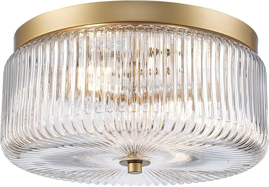 Ashbourne Semi Flush Mount Ceiling Light, Modern Gold Finish with Clear Ribbed Glass Shade, Mid-Century Drum Fixture for Bedroom, Kitchen, Hallway, Dining Room & Entryway, E26 Base