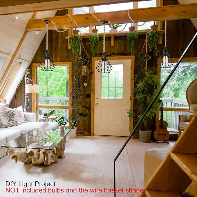 3 Plug-in Pendant Lights Kit - Hemp Rope Cord with Switch, 22 Ft Length, DIY Farmhouse Hanging Lighting Fixture