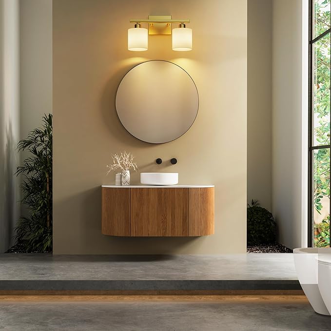 PARTPHONER Bathroom Light Fixtures, Bathroom Lighting Fixtures Over Mirror, Interior Classic Vanity Lights, Modern Vanity Light with Textured White Glass Shade, Brushed Gold, 2-Light