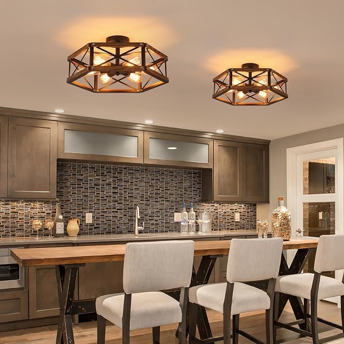 6-Light Large Rustic Farmhouse Wood Flush Mount Ceiling Light Fixture 20 inch Oak Wood and Metal Cage Semi Flush Mount Ceiling Light for Hallway Entry Dining Farmhouse Bedroom Living Room, Black