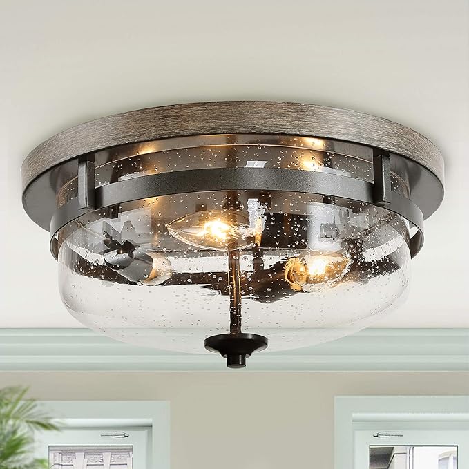LOG BARN Flush Mount Ceiling Light, Farmhouse Light Fixtures Ceiling with Faux Wood Finish and Seeded Glass Cover, W13.5 x H6.5
