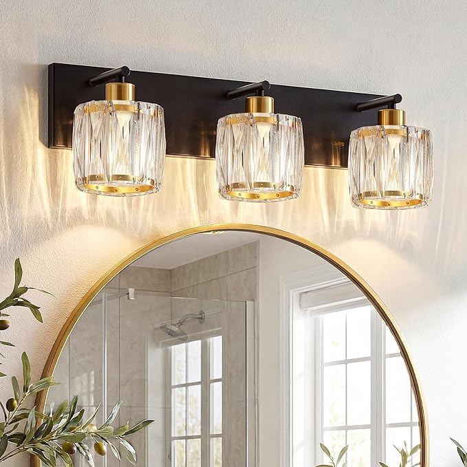 VOLISUN Crystal Vanity Lights for Bathrooms, 3 Light Bathroom Vanity Light, Black and Gold Bathroom Light Over Mirror, Modern Bathrooms Lights Fixtures-UL Certificated(Exclude Bulb)