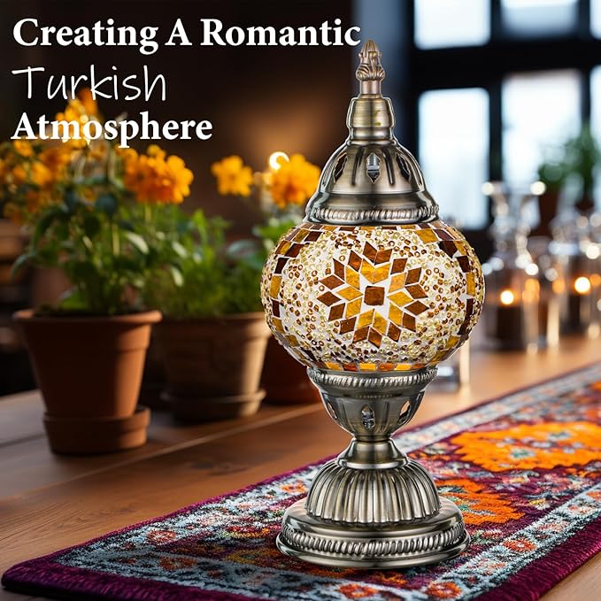 Marrakech Turkish Table Lamp with Bronze Base，Handmade Yellow Moroccan Tiffany Style Mosaic Glass Night Stand Light Fixture Including LED Bulb for Living Room Bedroom Decor (Yellow)