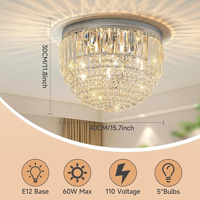 YMP&YZX 5-Lights Crystal Chandelier,15.7" Modern Ceiling Light Fixture Lamp,Flush Mount Round Metal Shade Chandelier E12 Base for Dining Room Living Room Bathroom Bedroom Chrome