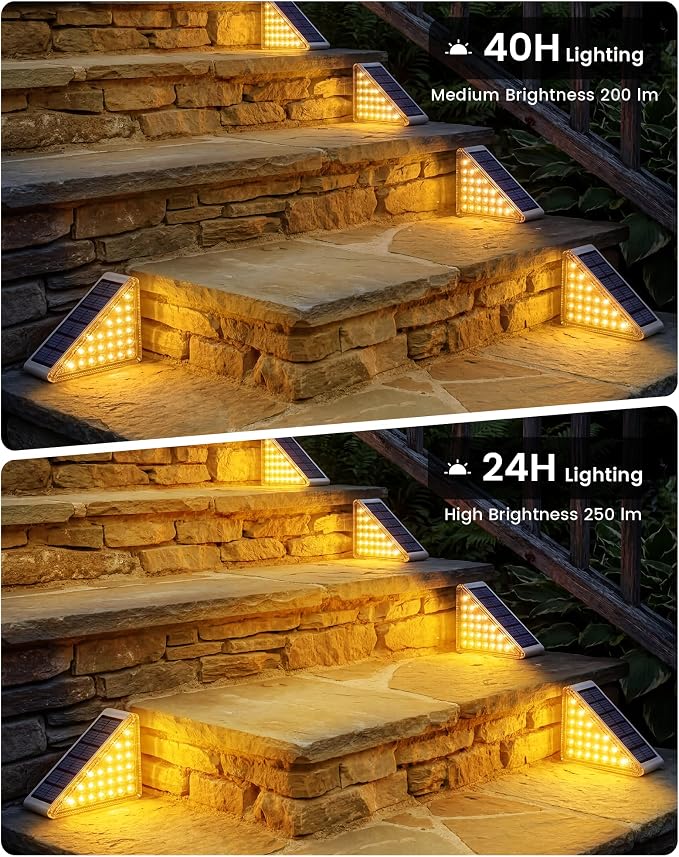 NIORSUN Outdoor Step Lights, Upgraded 28 LEDs 2 Brightness Modes, IP67 Waterproof Solar Stair Lights for Outside Steps, 1200mAh Battery Long Runtime Warm White for Patio Deck Yard Porch, 12 Pack