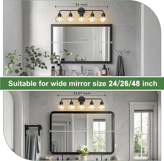 DORESshop Built to Last 20 Years Bathroom Light Fixtures, 5-Light Vanity Lights Over Mirror, Black Wall Lamp with Clear Glass for Living Room Decor Bedroom Porch Cabinet