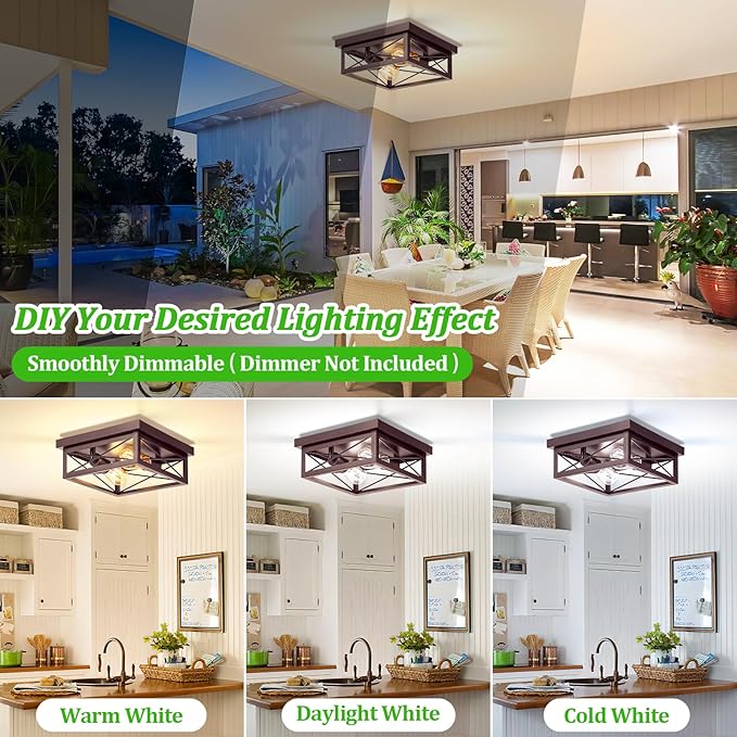 Brown Hallway Light Fixtures Ceiling, 2-Light Farmhouse Industrial Flush Mount Ceiling Lights, 2-Pack Modern Metal Kitchen Light Fixtures, Close to Ceiling Lights for Bedroom Living Room Entryway